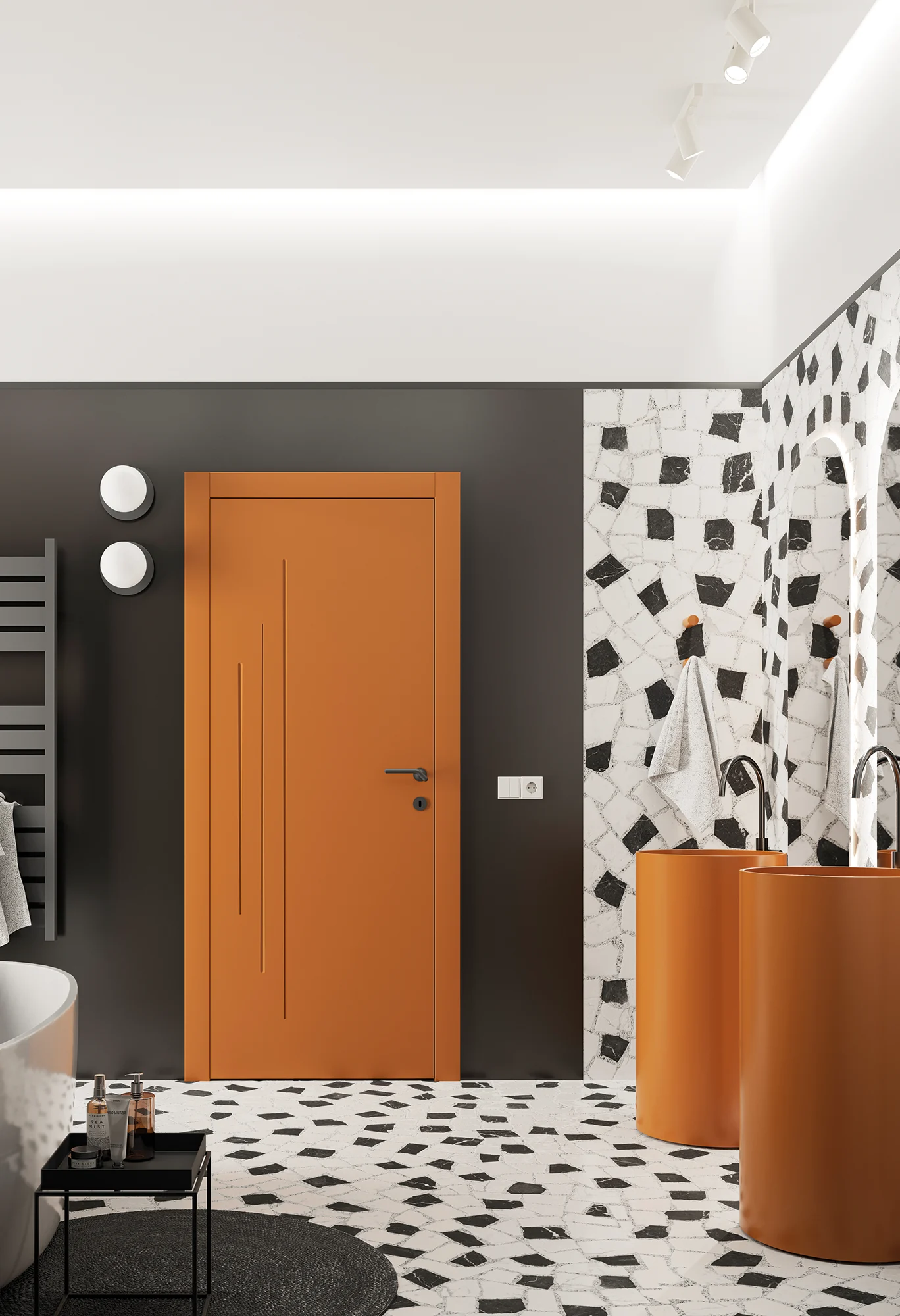 Collezione: Zero Phantos, Modello: 55L, Disegno: G10, Finitura: NCS S 3050-Y50R, Maniglia: Pod Grafite satinato Porta della collezione Zero Phantos, di colore arancione acceso, ambientato in un bagno dal sapore vintage e sofisticato.
