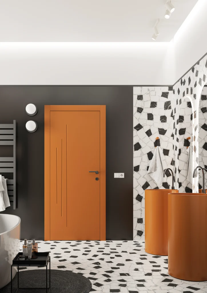 Porta della collezione Zero Phantos, di colore arancione acceso, ambientato in un bagno dal sapore vintage e sofisticato.