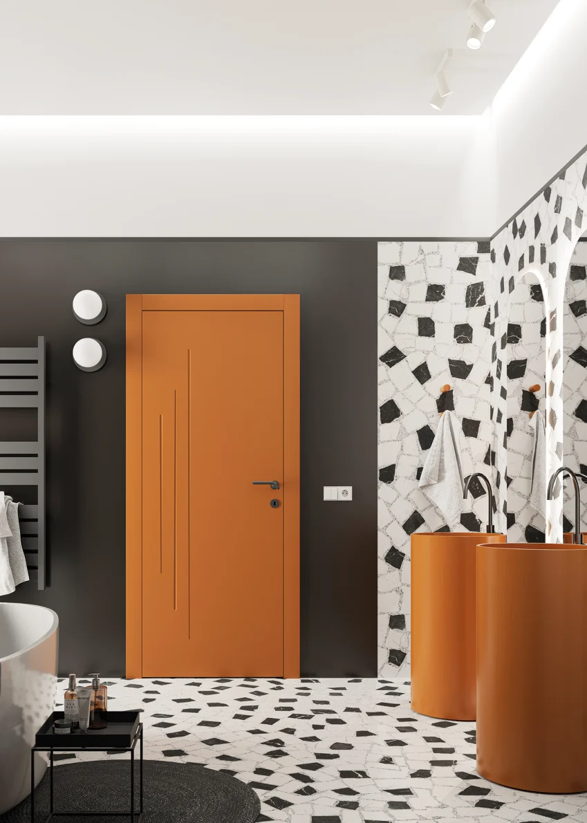 Porta della collezione Zero Phantos, di colore arancione acceso, ambientato in un bagno dal sapore vintage e sofisticato.