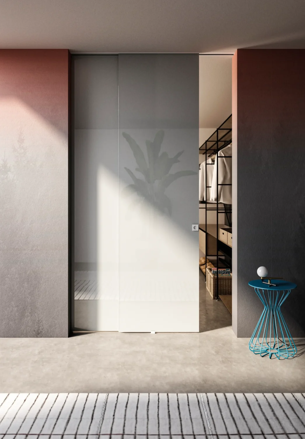 Porta Cristal scorrevole esterno muro con vetro laccato bianco