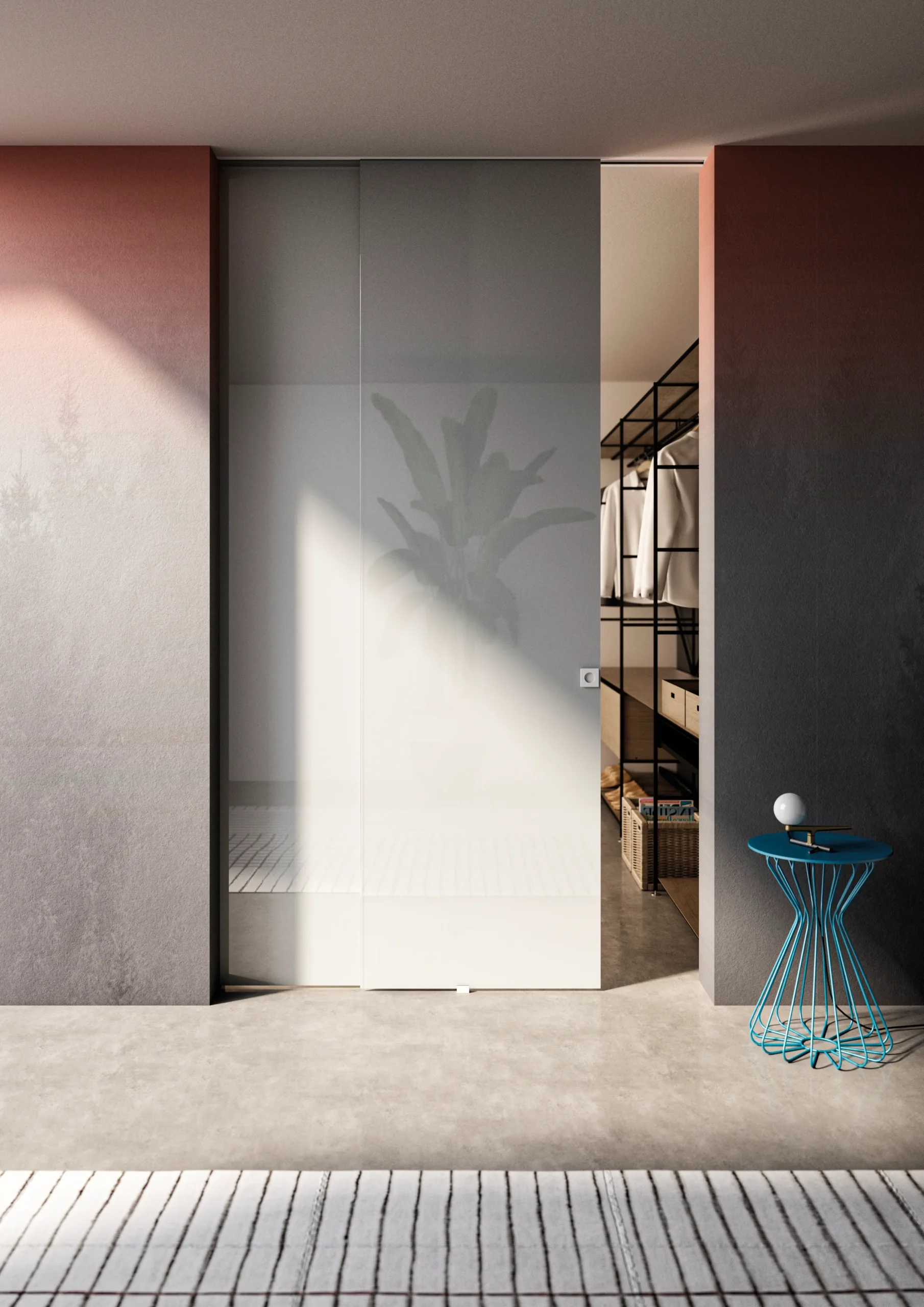 Collezione: Cristal, Modello: Scorrevole esterno muro con binario a incasso nel soffitto, Finitura: Vetro laccato bianco, Maniglia: V21 Porta Cristal scorrevole esterno muro con vetro laccato bianco