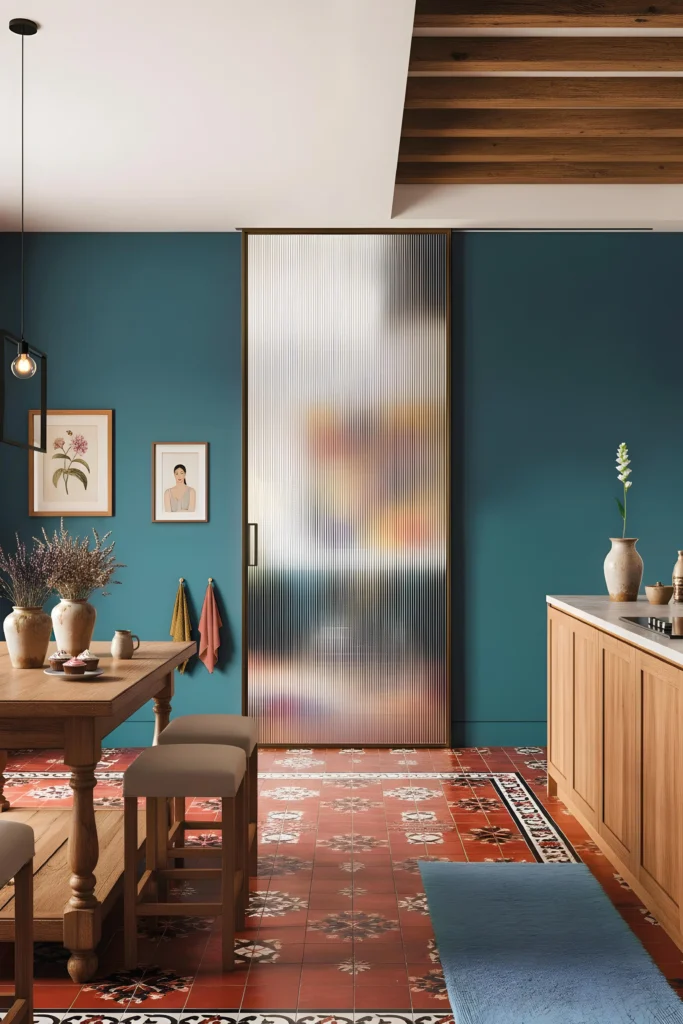Porta della collezione Flat, con telaio in alluminio e vetro Riga cannettato inserita all'interno di una cucina dai toni orientali