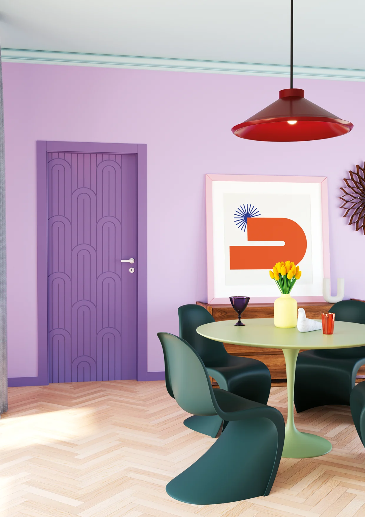 Porta della collezione Phantos, laccata di colore viola e caratterizzata da un'incisione geometrica, morbida e ripetuta. La porta è ambientata in una sala da pranzo dallo stile audace e colorato.