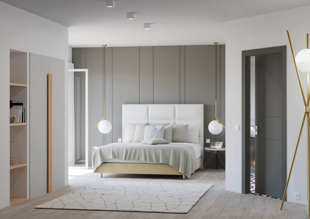 Porta della collezione Phantos, dal colore grigio scuro, ambientata in una camera da letto essenziale e pulita.