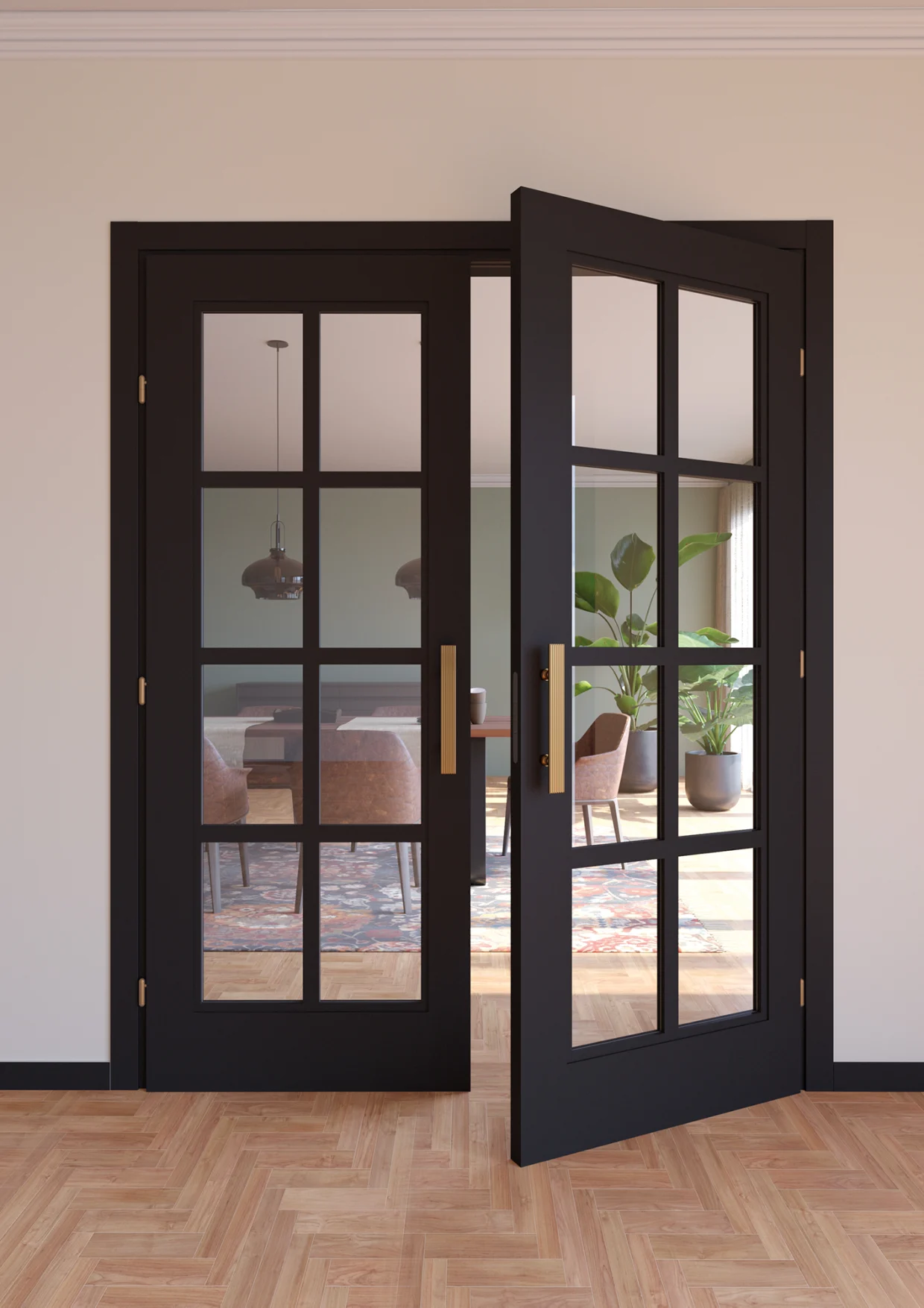 Porta della collezione Phantos, a doppia anta vetrata, laccata di colore nero, ambientata all'entrata di uno spazio dallo stile etnico e naturale.