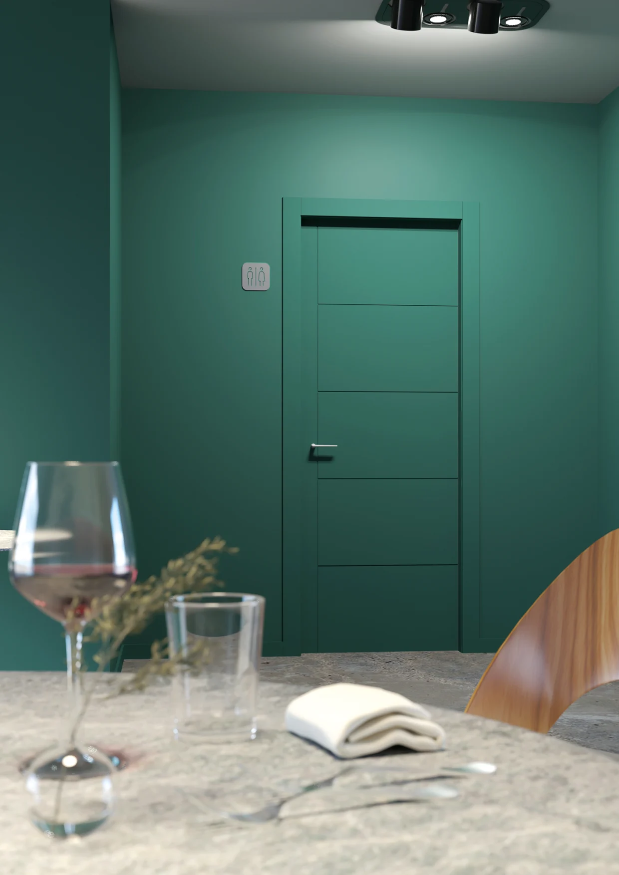 Porta della collezione Phantos, laccata di un colore verde opale, posta come porta di accesso a una toilette di un ristorante.