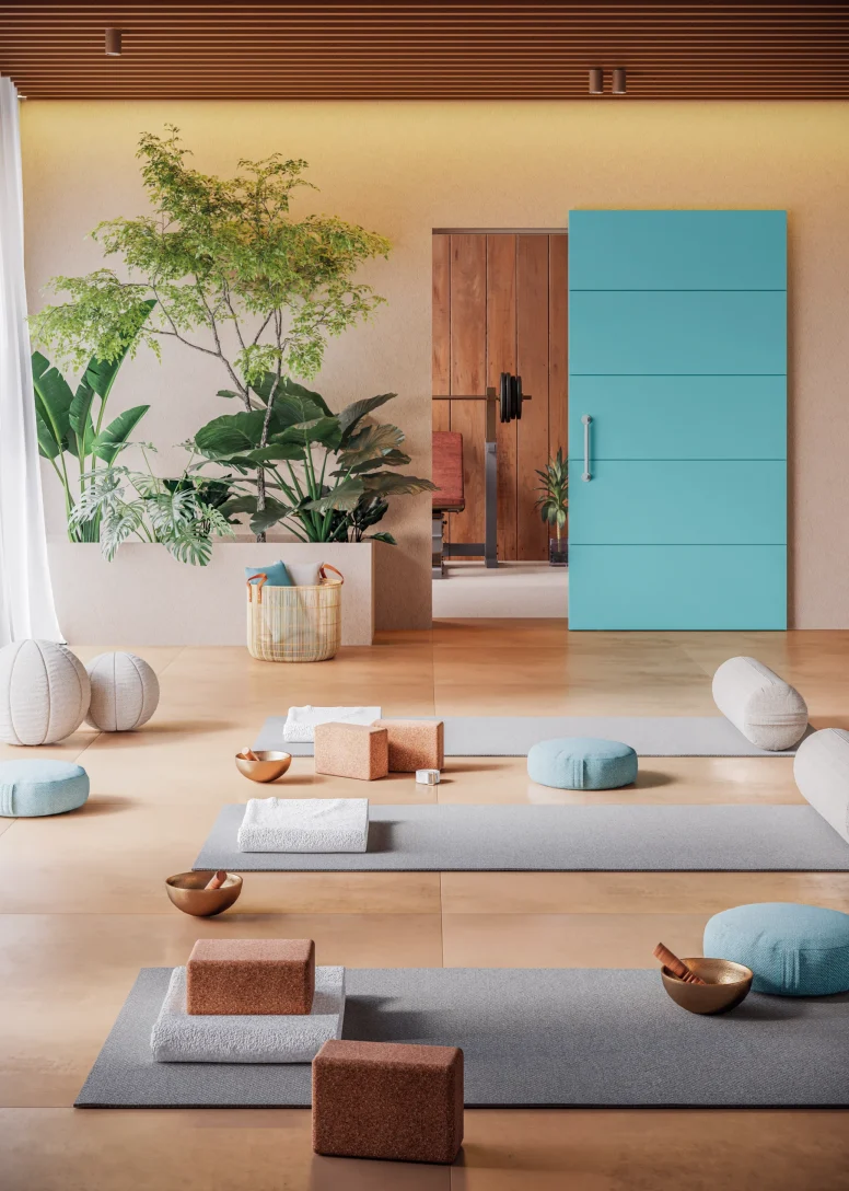 Porta collezione Zero Phantos scorrevole esterno muro, azzurra, in sala di yoga pacifica, dallo stile pulito e moderno.