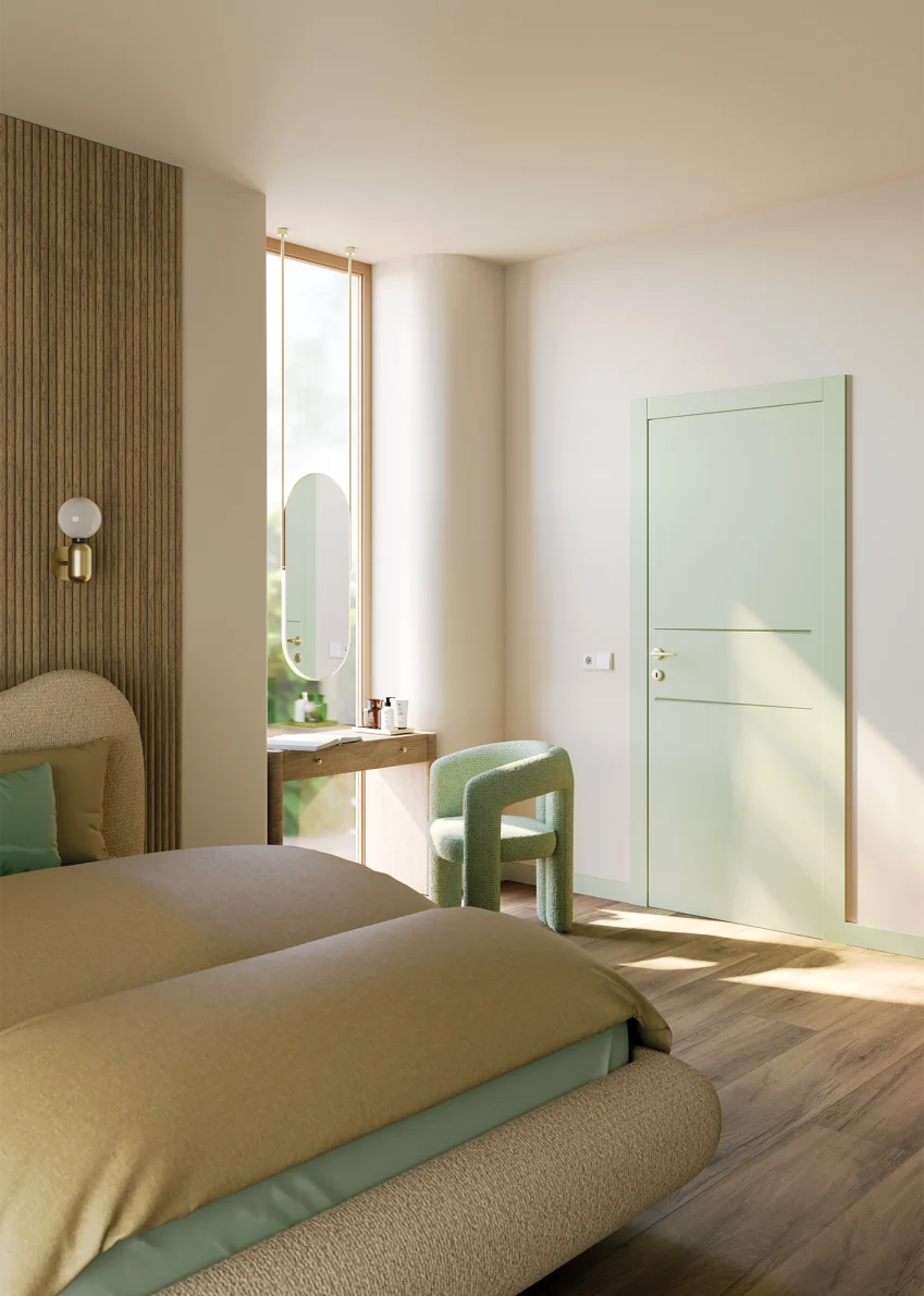Porta collezione Zero Phantos verde menta, incisa, in camera da letto moderna soft