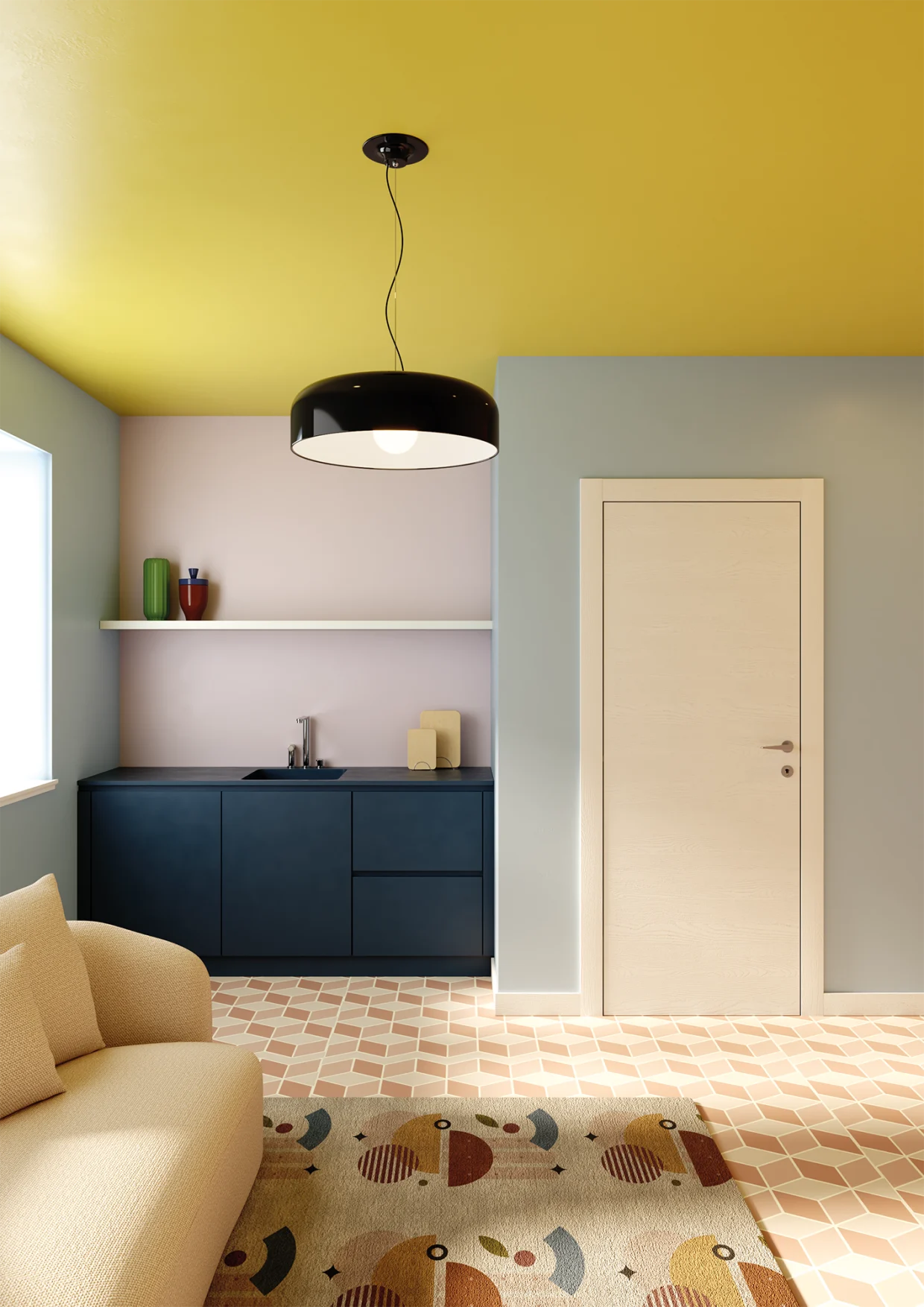 Collezione: Zero, Modello: 66L, Finitura: Quercia Bianco, Maniglia: Iki Cromo Satinato Porta collezione Zero, con finitura Quercia Bianco, ambientata in un open space dallo stile creativo e soft