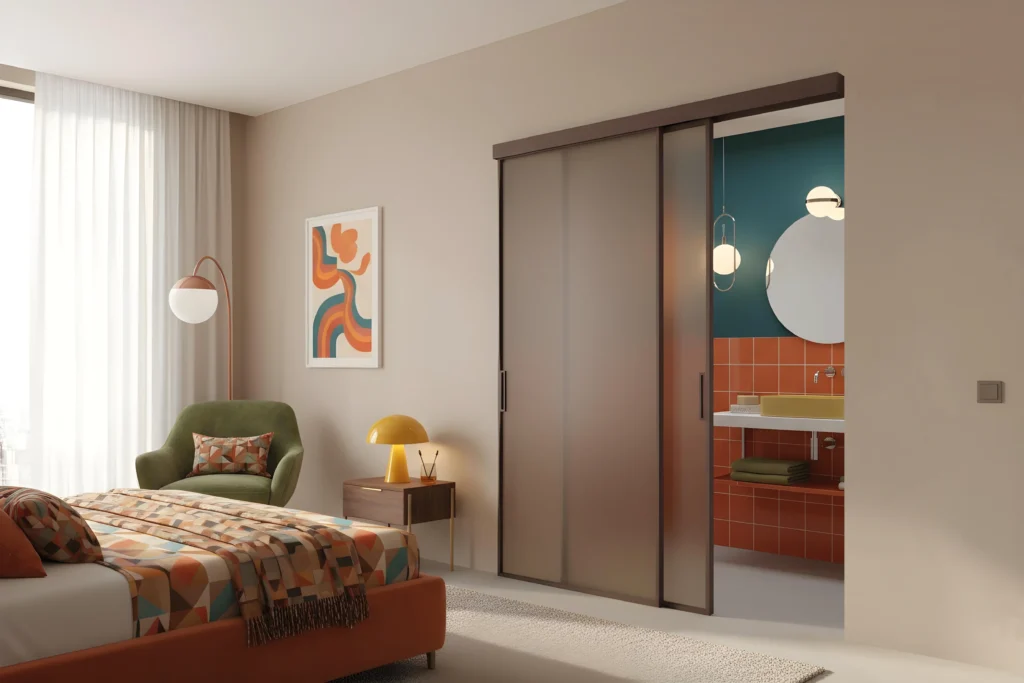Porta scorrevole esterno muro collezione Flat, con binario a parete e vetro acidato bronzo, divide la camera da letto dal bagno interno in una camera dai colori sgargianti.