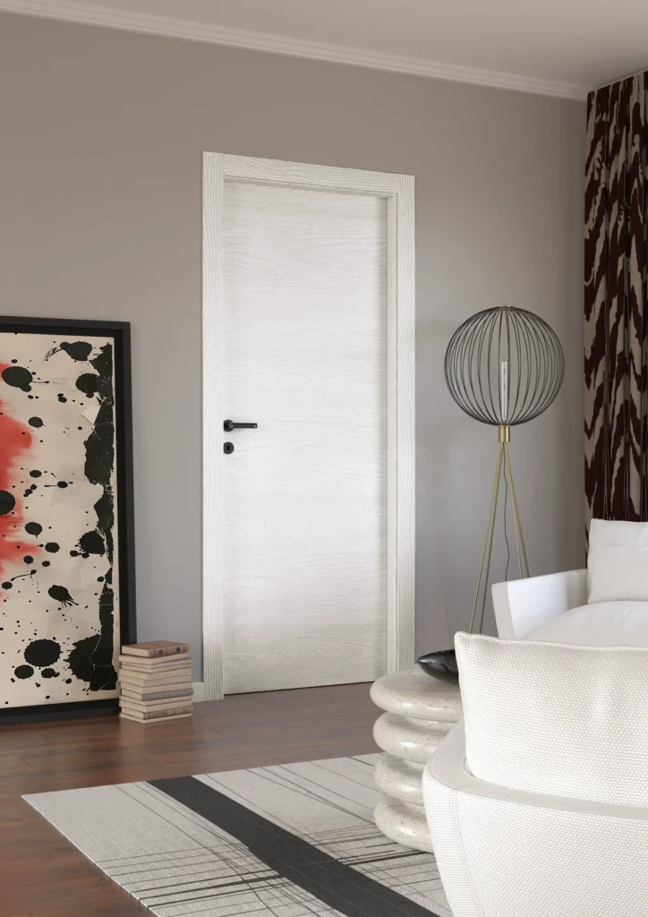 Porta della collezione Design in laminato Rovere bianco, all'interno di una stanza con colori neutri