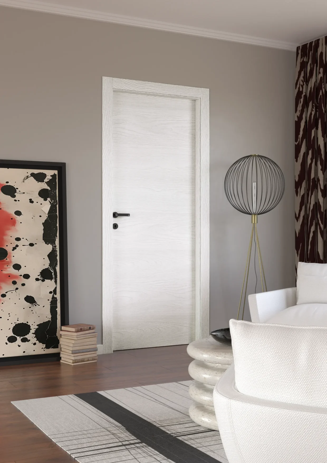 Porta della collezione Design in laminato Rovere bianco, all'interno di una stanza con colori neutri