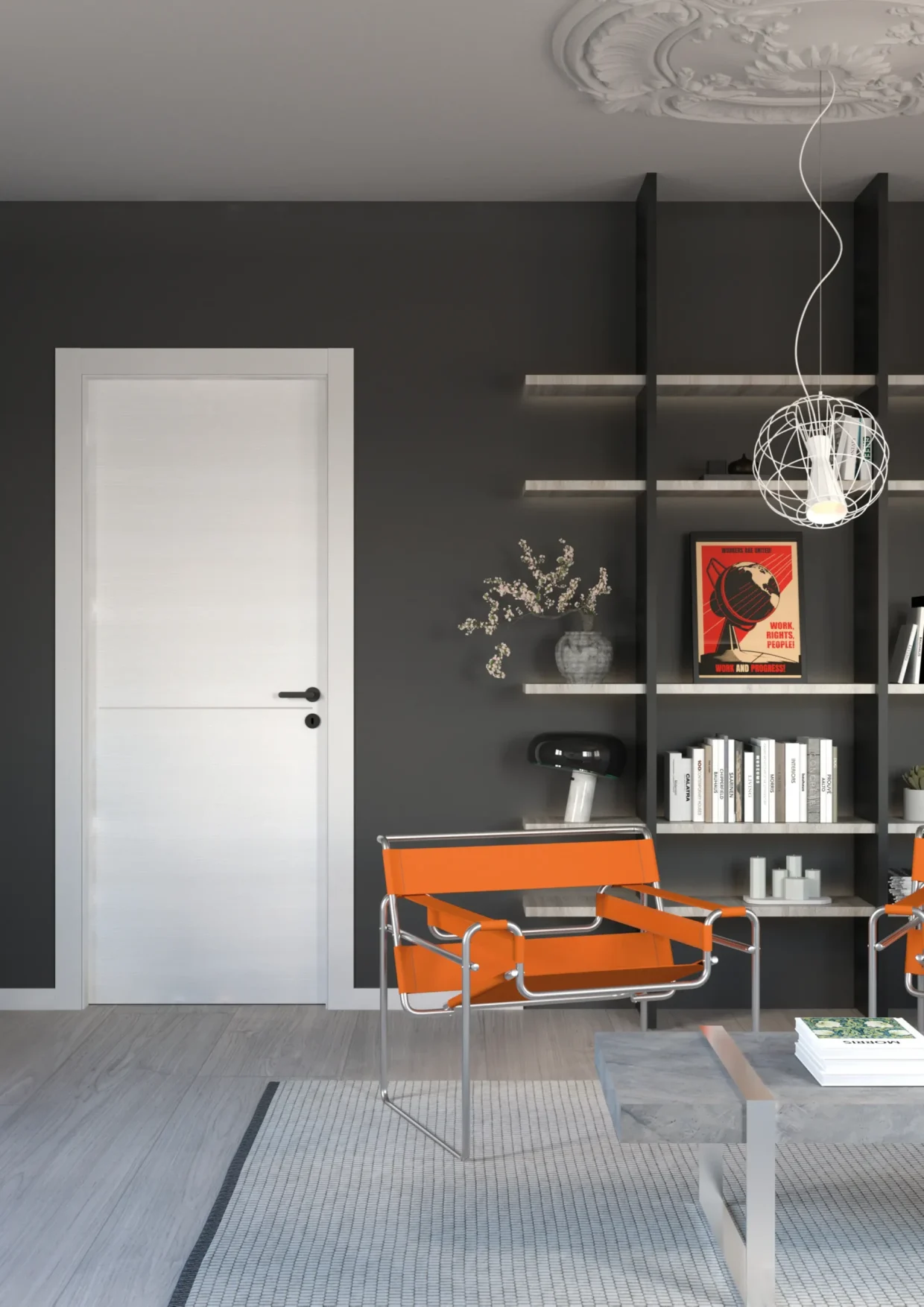 Porta della collezione battente in laminato Ice Bianco con inserto nero