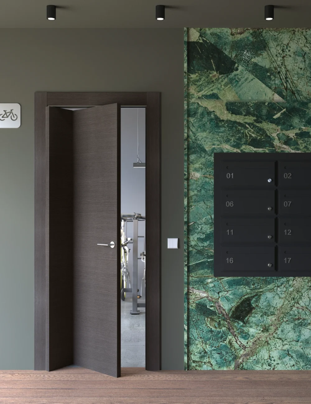 Porta della collezione Design con laminato Ardesia di un marrone scuro, pieghevole asimmetrica inserita in un vano scala di un condominio.