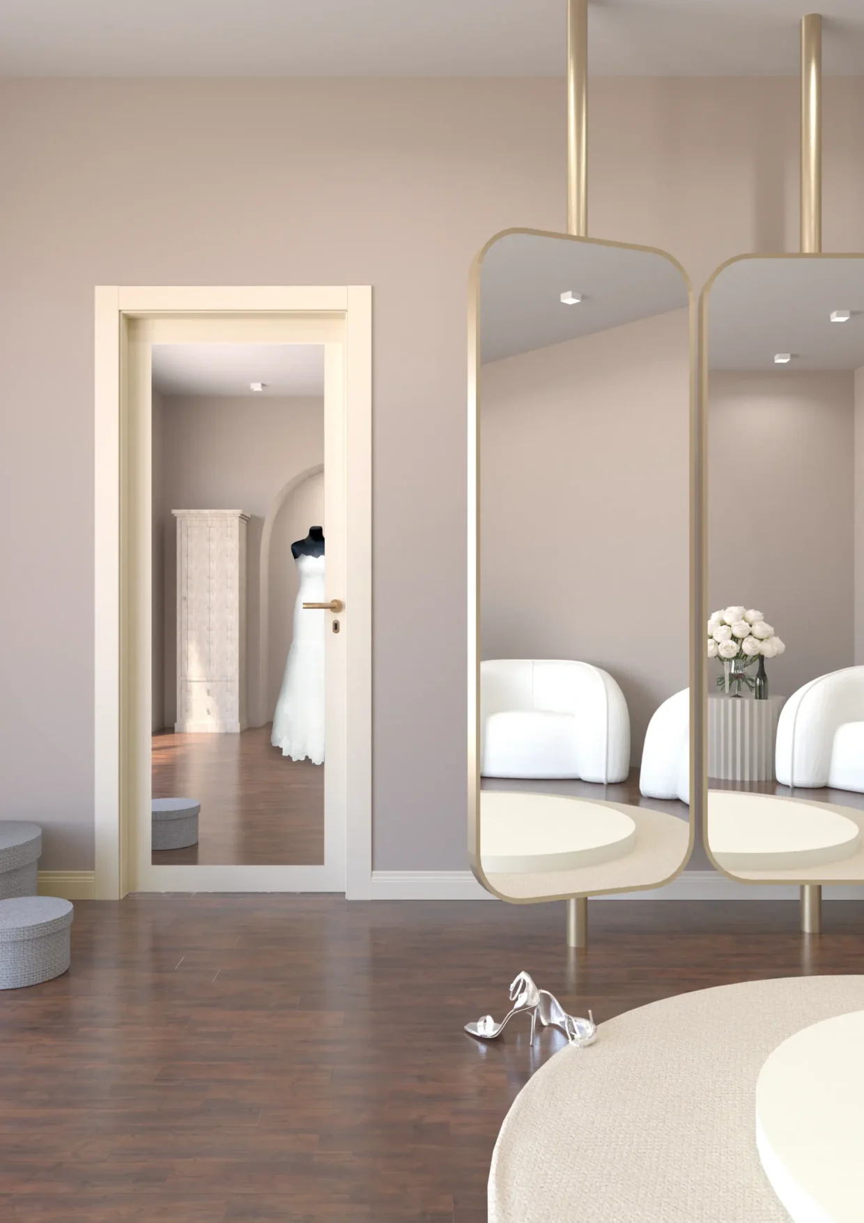 Porta della collezione Design con specchio ad incasso inserita all'interno di un atelier da spose
