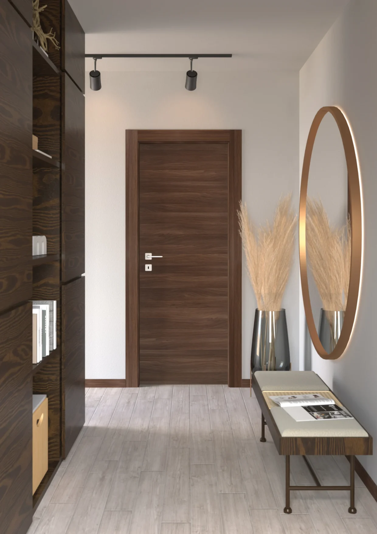 Porta della collezione Design, in laminato, finitura Tabacco inserita in un corridoio con libreria e un grande specchio