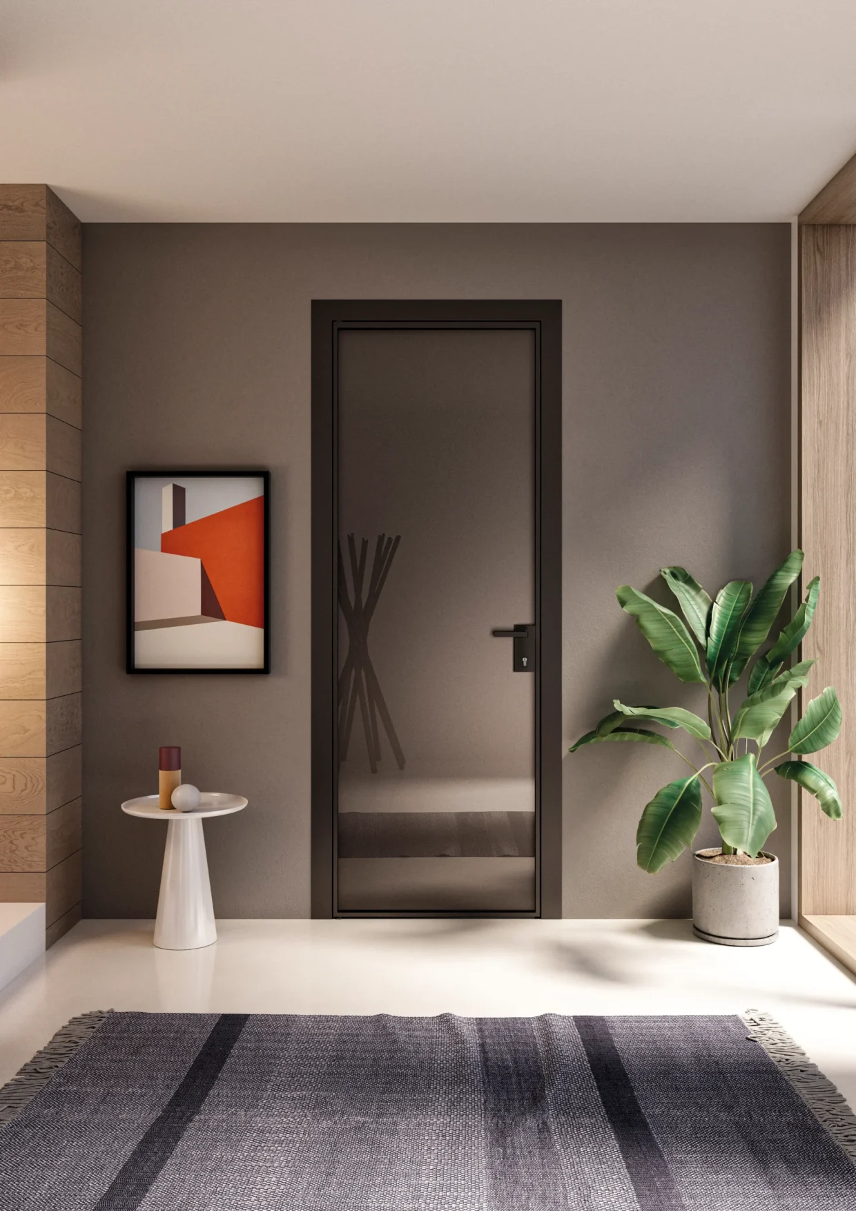 Porta della collezione flat, con telaio in alluminio Tungsteno fine e vetro grigio Europa Fumè