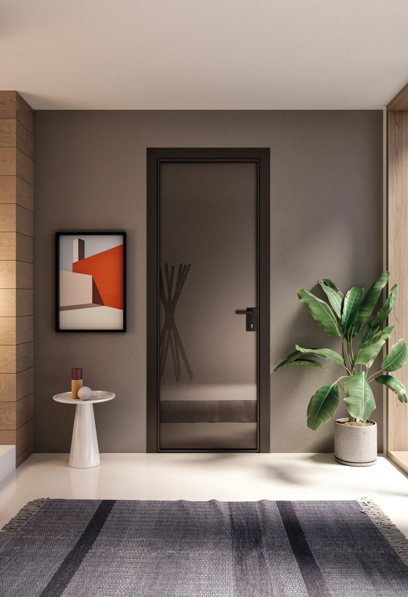 Porta della collezione flat, con telaio in alluminio Tungsteno fine e vetro grigio Europa Fumè