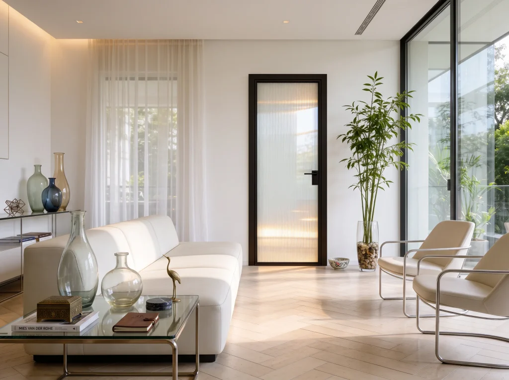 Porta battente collezione Flat in vetro cannettato, ambiente moderno dai toni bianchi