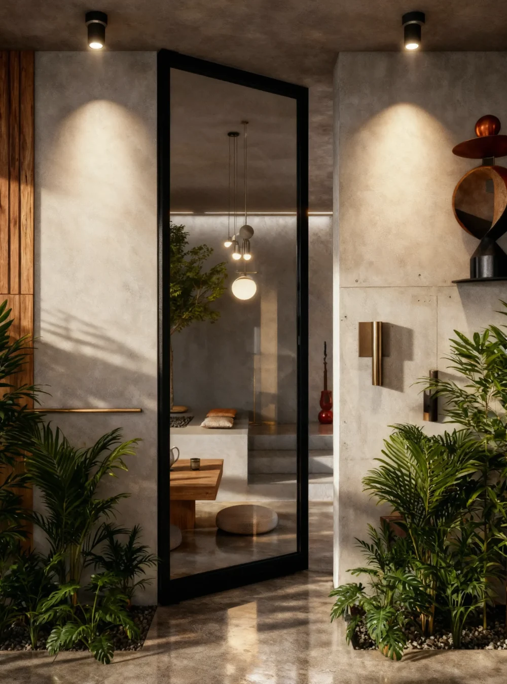 Porta bilico Raso Muro in vetro trasparente con profilo nero, installata in un ristorante orientale dal design moderno