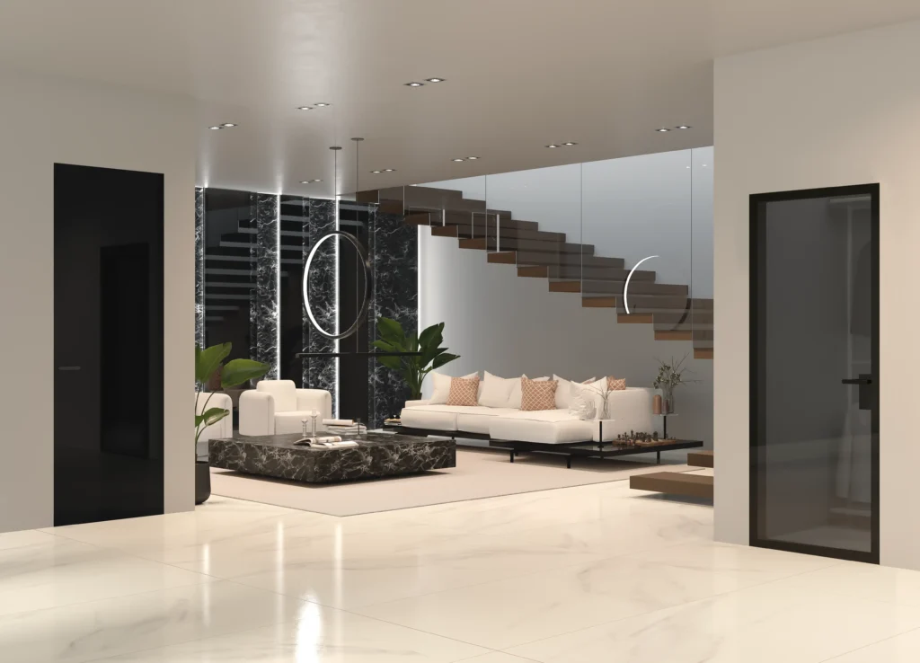 Porte Raso Muro in vetro, laccato nero e vetro trasparente grigio, sala con marmo nero e design contemporaneo