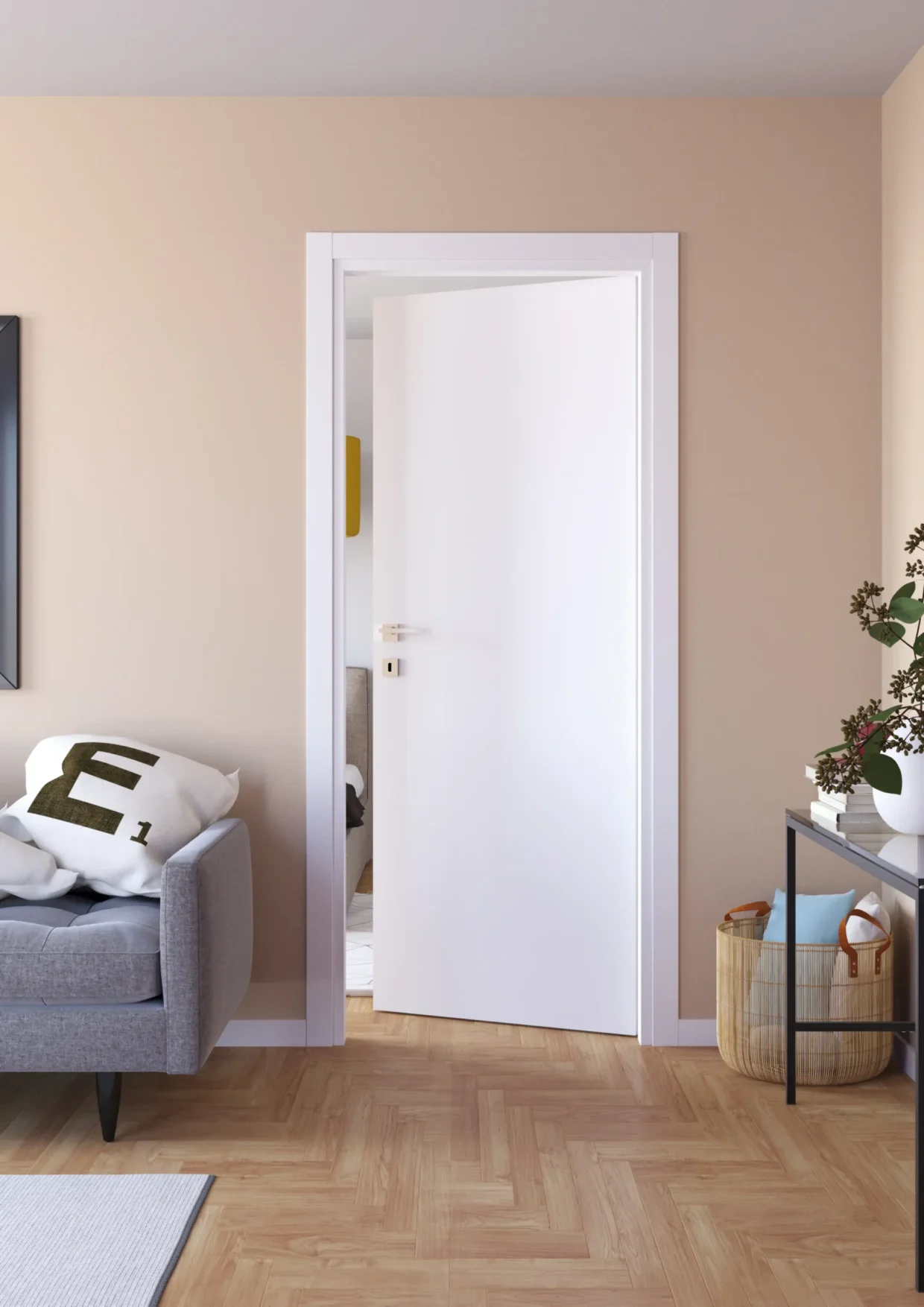 Collezione: Tech, Modello: 60L, Finitura: Bianco, Maniglia: Brera Cromo lucido Porta della collezione Tech in laminato bianco in una casa giovanile
