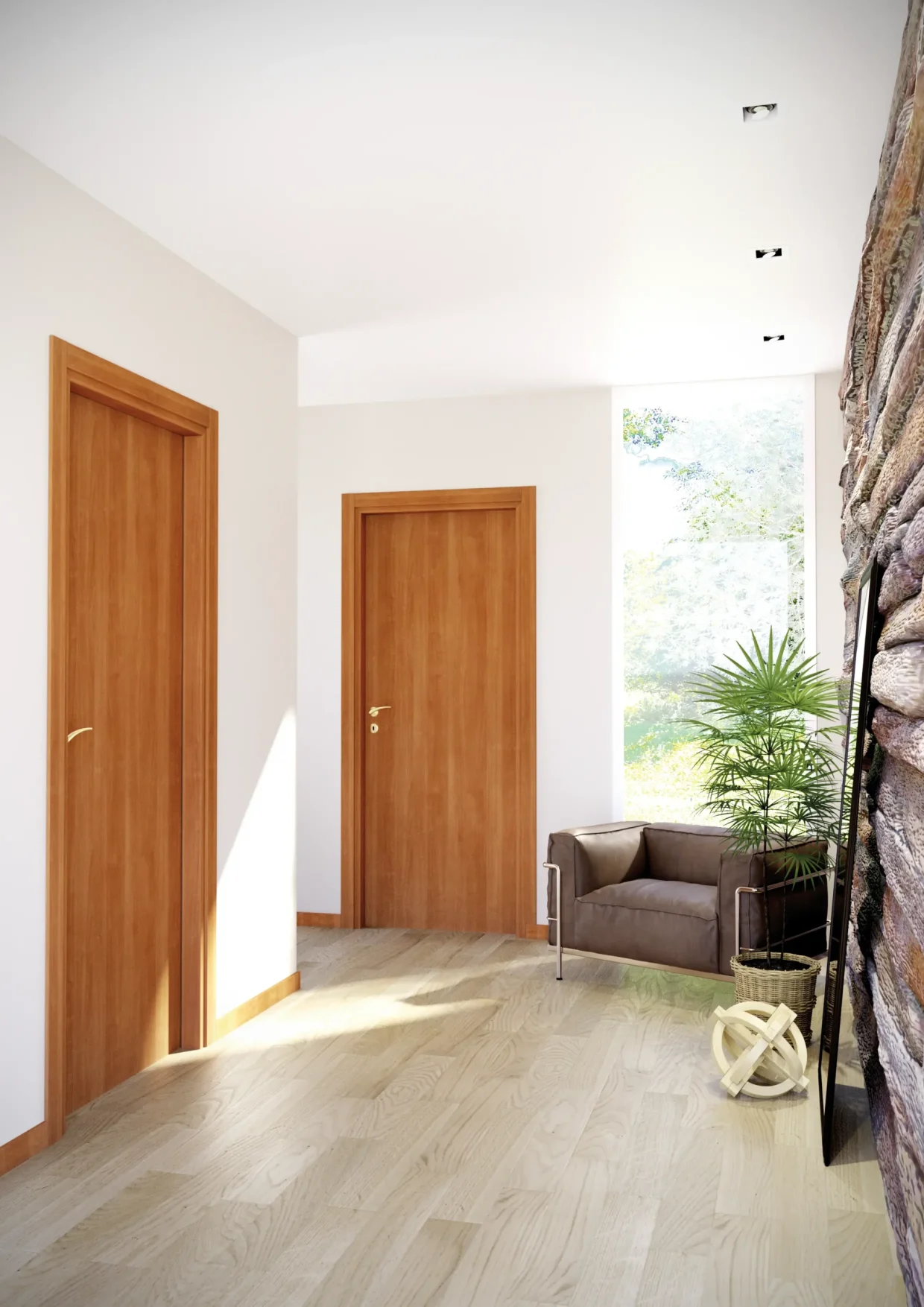Collezione: Tech, Modello: 60L, Finitura: Noce Biondo, Maniglia: Blazer Oroplus Porte della collezione Tech in Noce biondo inserita in un ambiente rustico con molto verde circostante