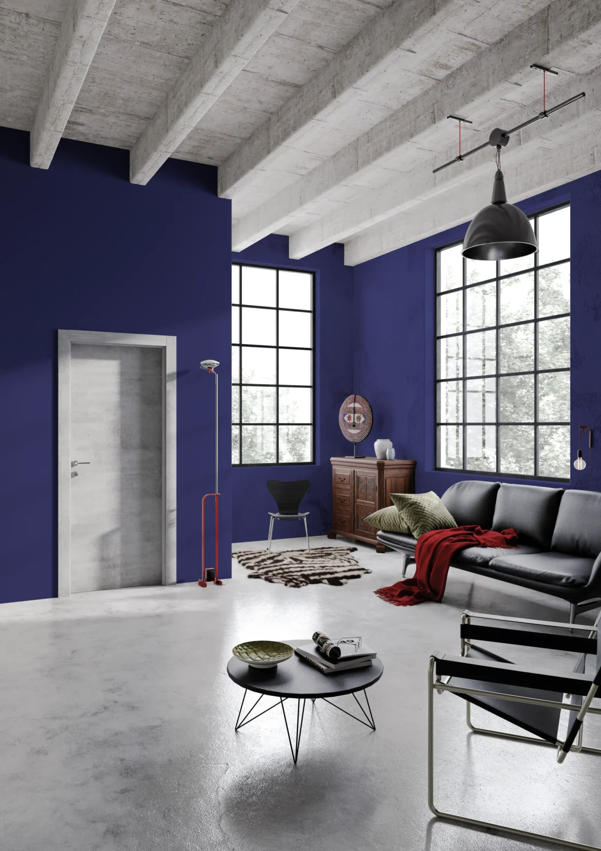 Collezione: Zero, Modello: 66L, Finitura: Industry Grey, Maniglia: Robodue Cromo Porta collezione Zero con finitura Industry Grey, ambientata in soggiorno dallo stile industrial artistico