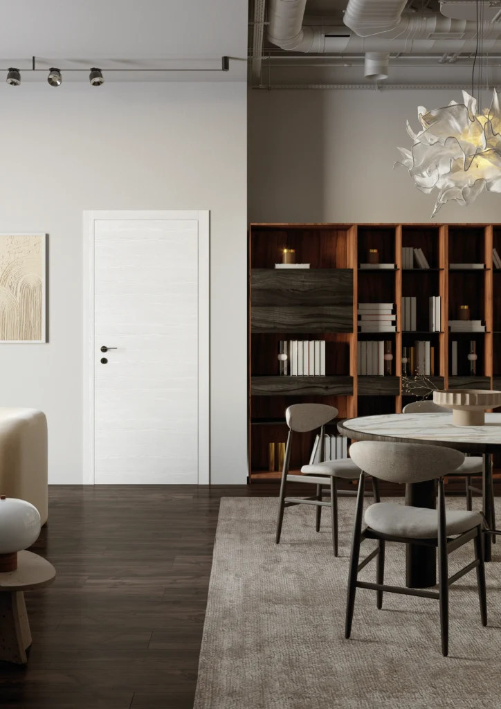 Porta collezione Zero con finitura Milk Bianco, ambientata in un soggiorno elegante e serio.
