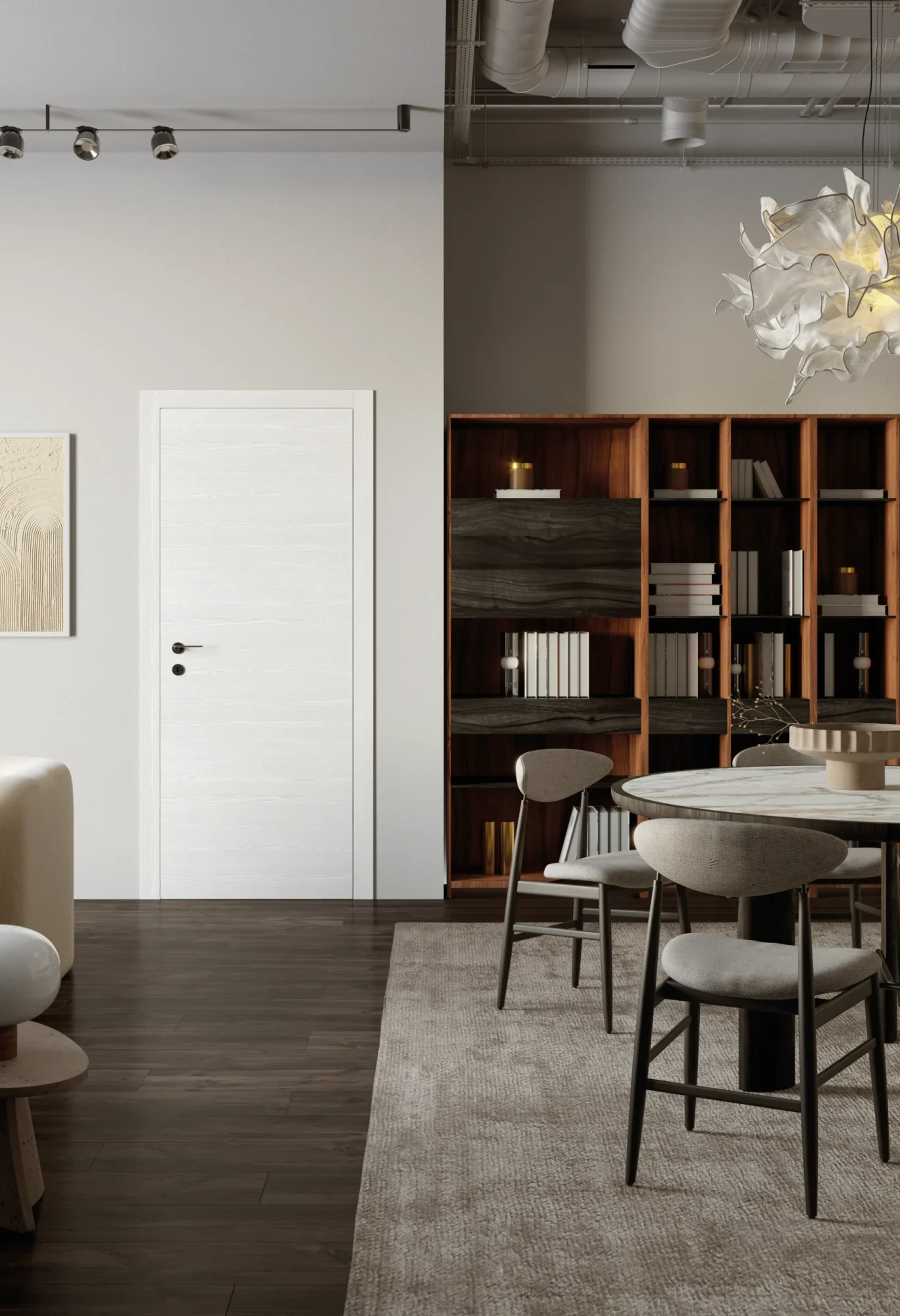 Collezione: Zero, Modello: 66L, Finitura: Milk Bianco, Maniglia: Slim Cromo Porta collezione Zero con finitura Milk Bianco, ambientata in un soggiorno elegante e serio