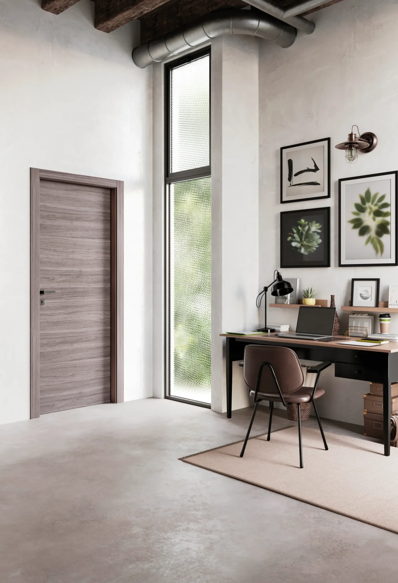 Collezione: Zero, Modello: 56L, Finitura: Palissandro Grigio, Maniglia: Ellesse Grafite Mat Porta collezione Zero Palissandro Grigio in studio industrial organico moderno