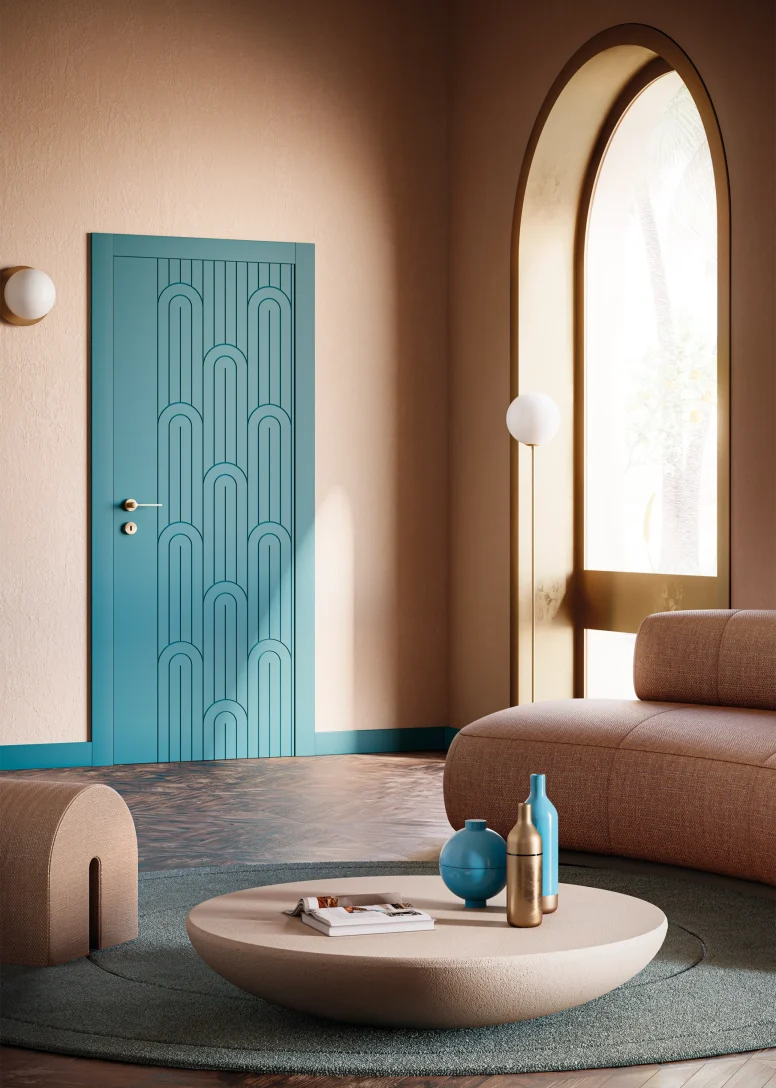 Porta collezione Zero Phantos, azzurra, incisa, in salotto moderno minimal.