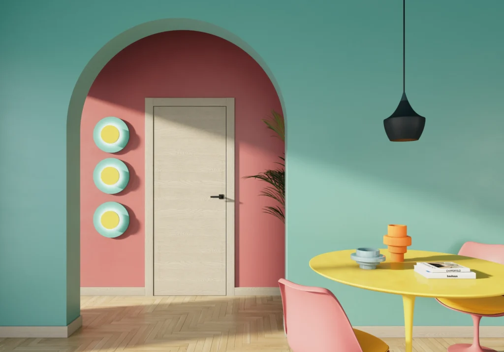 Porta collezione Zero con finitura Quercia Grigio, in ambiente originale e stravagante, molto colorato