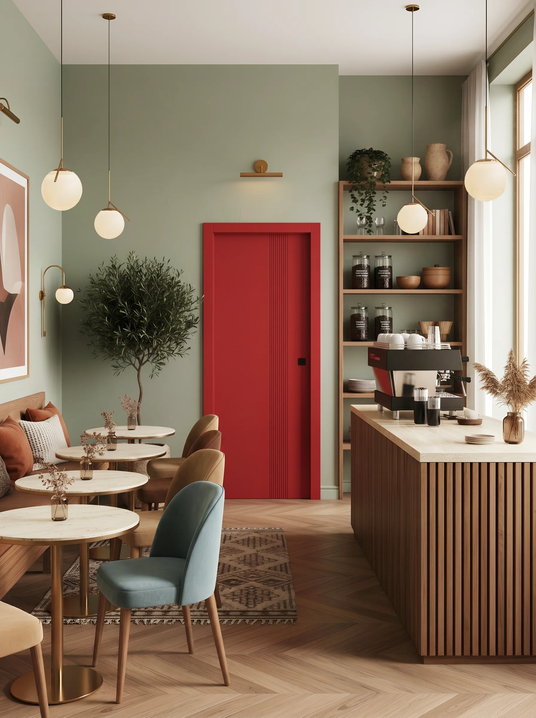 Collezione: Zero Phantos, Modello: 55I Scorrevole interno muro, Disegno: 212, Finitura: Laccato RAL 3002, Maniglia: Kit cieco quadro nero Porta scorrevole della collezione Zero Phantos rossa con righe verticali incise, inserita all'interno di un bar