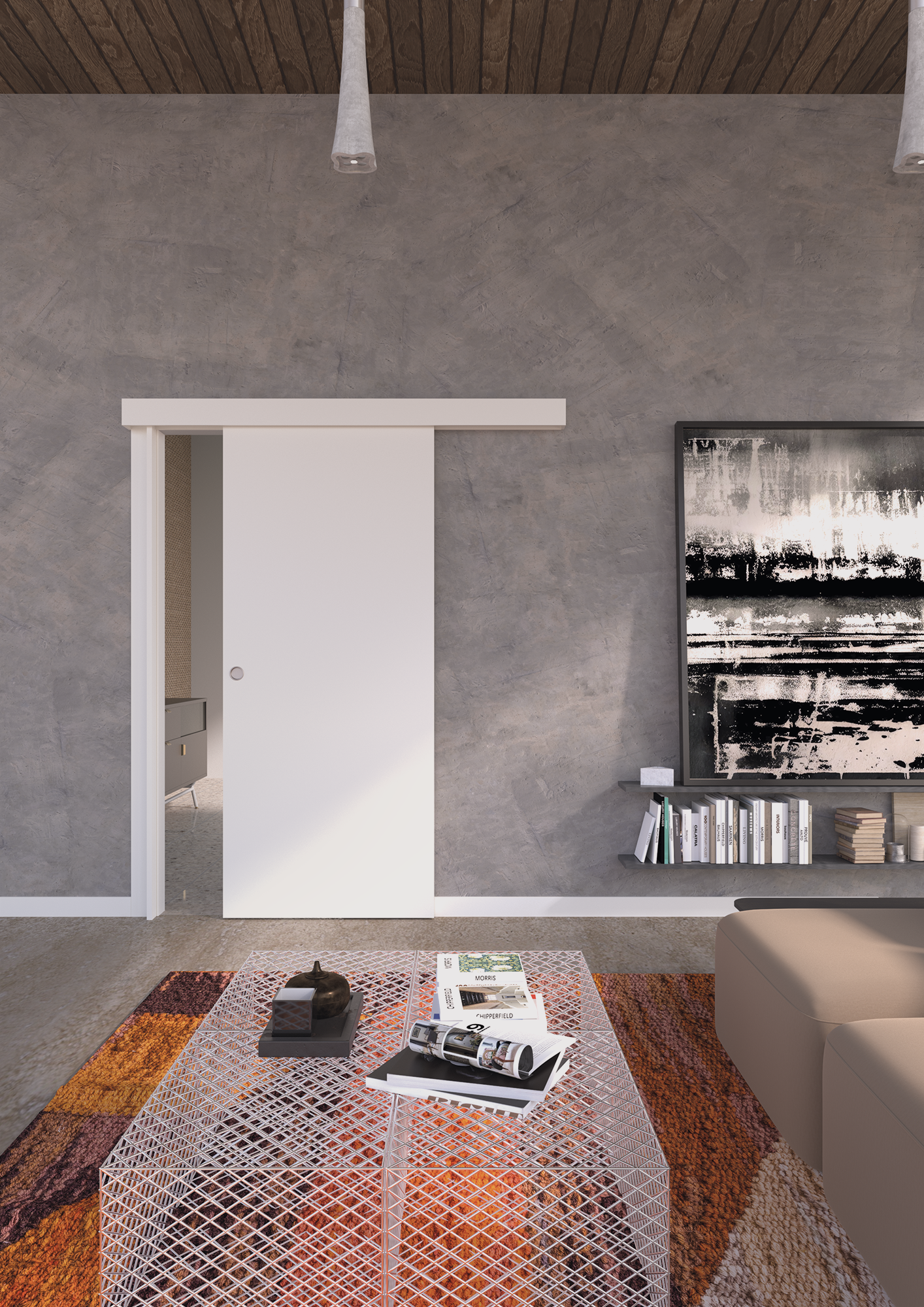 Porta della collezione Phantos in laccato bianco, scorrevole esterno muro con mantovana, inserita all'interno di una stanza con tappeto colorato arancio con un tavolino in ferro