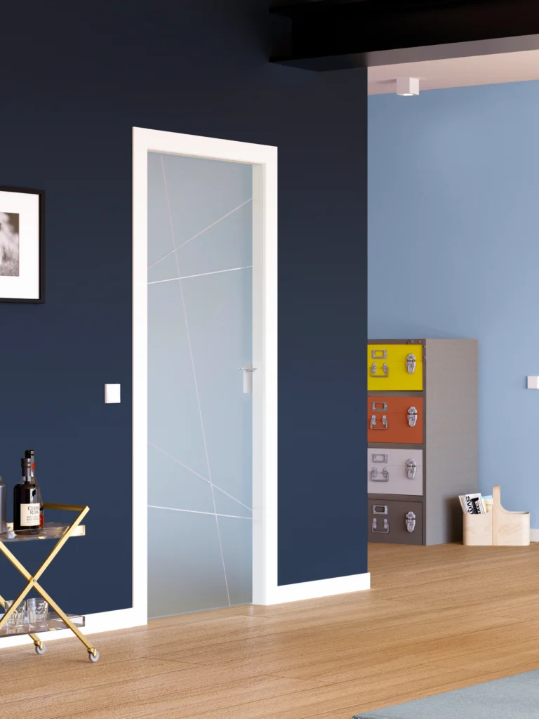 Collezione: Cristal, Modello: Battente, Finitura: Telaio laccato bianco, Vetro satinato con decoro sabbiato Linea, Maniglia: V3 - Slim Cromat