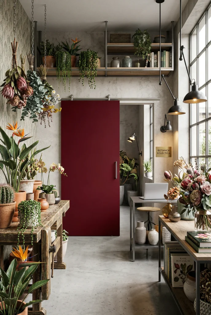 Porta della collezione Phantos scorrevole esterno muro con binario inox e anta bordeaux, immersa in un laboratorio botanico