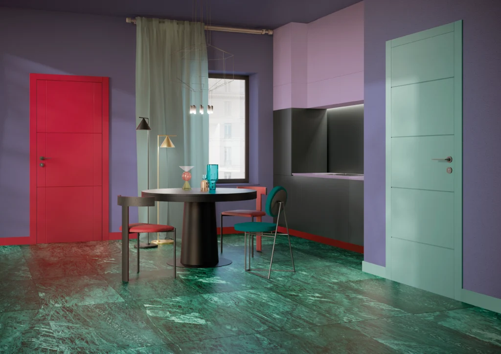 (A sinistra) Collezione Zero Phantos, 55l, Abbattimento acustico 40 dB, Disegno 242, Laccato RAL 3027, Maniglia Alatò Grafite con viti passanti. (A destra) Zero Phantos, 55l, Abbattimento acustico 40 dB, Disegno 617, Laccato NCS S 2020-B50G, Maniglia Alatò Grafite con viti passanti.
