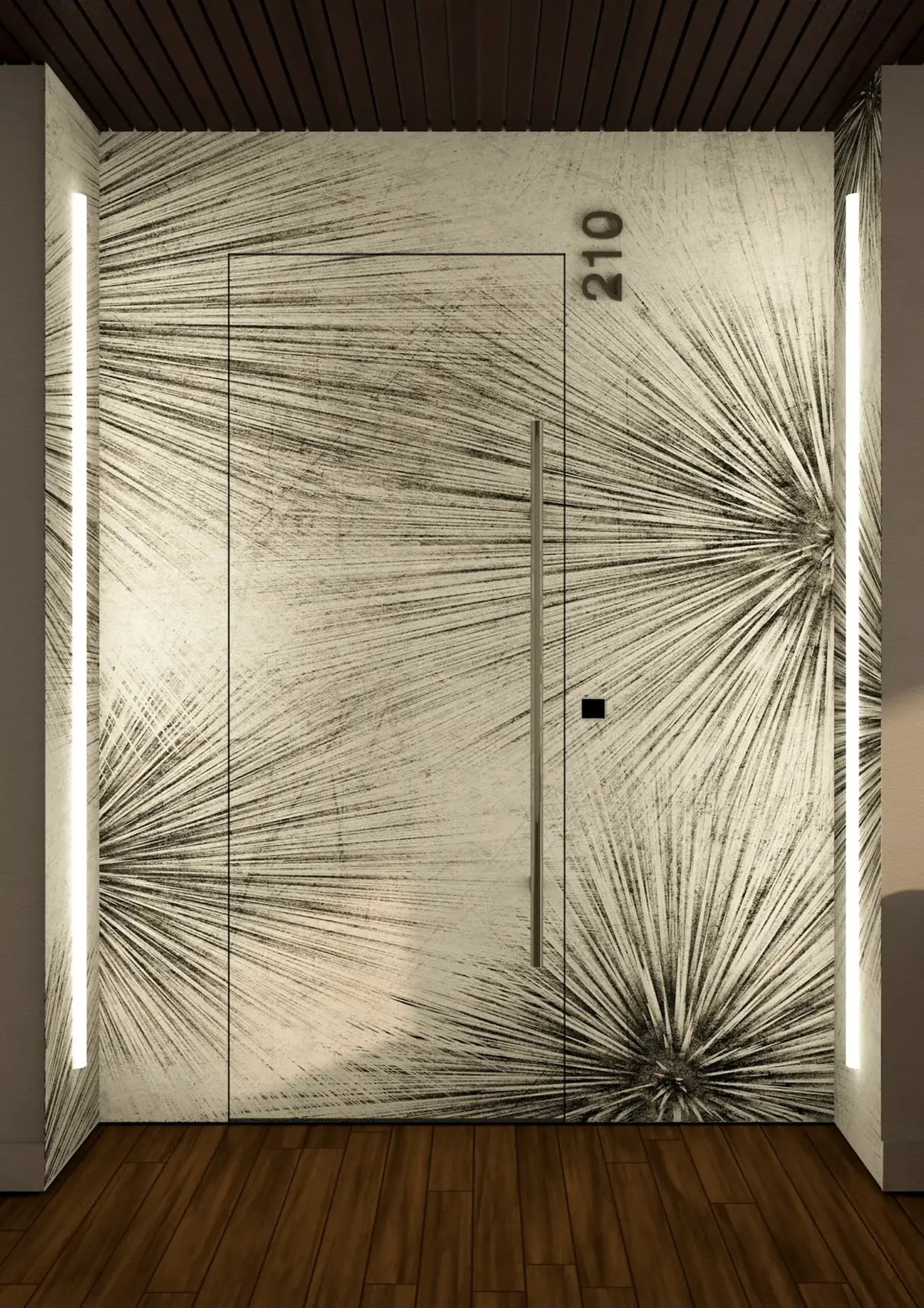 Collezione: Raso Muro, Modello: 60 Ei 60, 40 dB, Finitura: Grezzo mano di fondo + carta da parati, Maniglia: Arizona H 120 cm Cromo satinato, Wallpaper: Inkiostro Bianco - Sparks, INKPRSB2201.