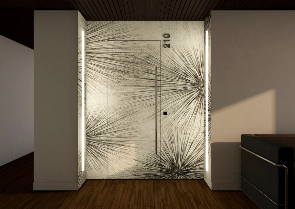 Collezione: Raso Muro, Modello: 60 Ei 60, 40 dB, Finitura: Grezzo mano di fondo + carta da parati, Maniglia: Arizona H 120 cm Cromo satinato, Wallpaper: Inkiostro Bianco - Sparks, INKPRSB2201.