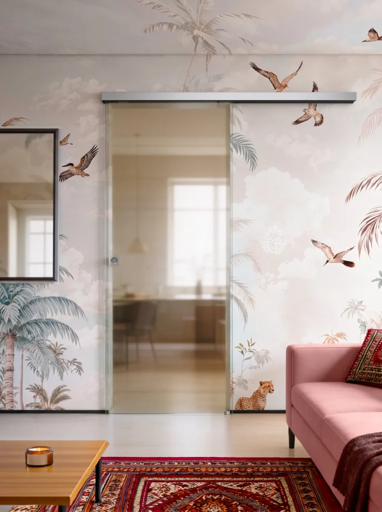Porta Cristal scorrevole esterno muro Slim con anta in vetro trasparente ambientata in una zona giorno