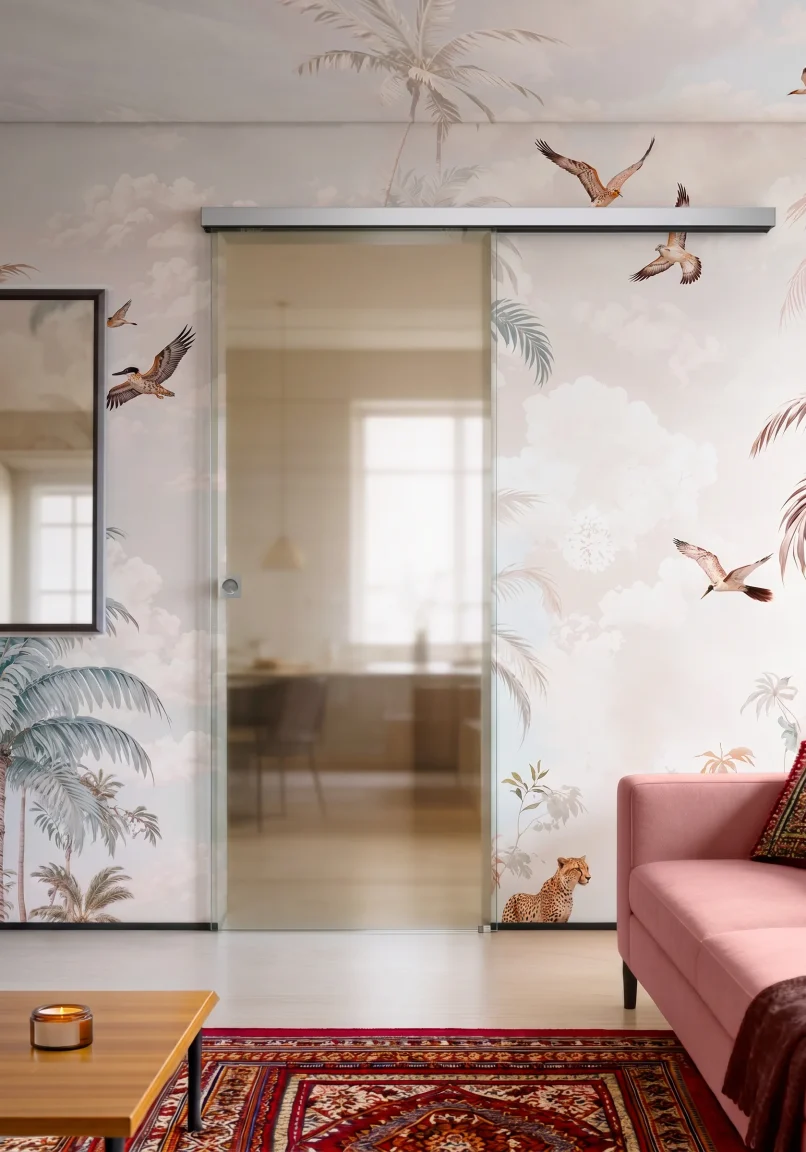 Porta Cristal scorrevole esterno muro Slim con anta in vetro trasparente ambientata in una zona giorno