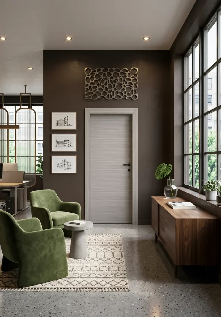 Porta della collezione Design in una finitura Rovere Grigio, inserita all'interno di un ufficio con grandi finestre e piante sia all'interno che all'esterno