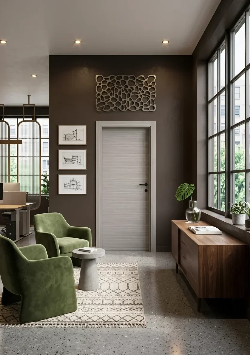 Porta della collezione Design in una finitura Rovere Grigio, inserita all'interno di un ufficio con grandi finestre e piante sia all'interno che all'esterno