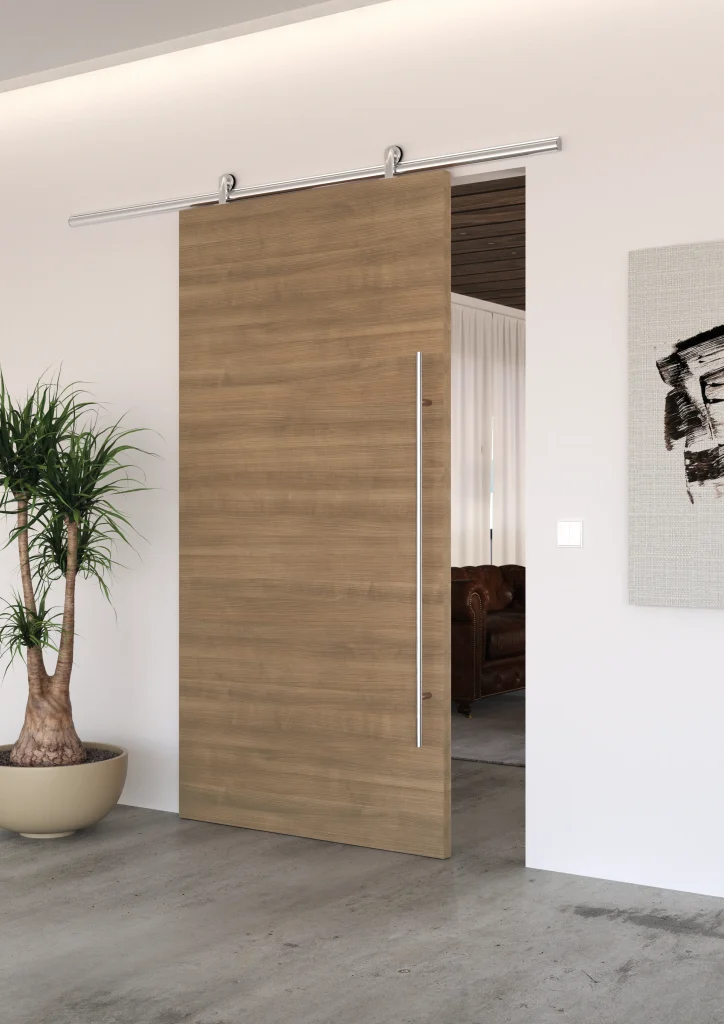 Porta della collezione Design, scorrevole esterno muro binario inox, in finitura Ciliegio Marbella