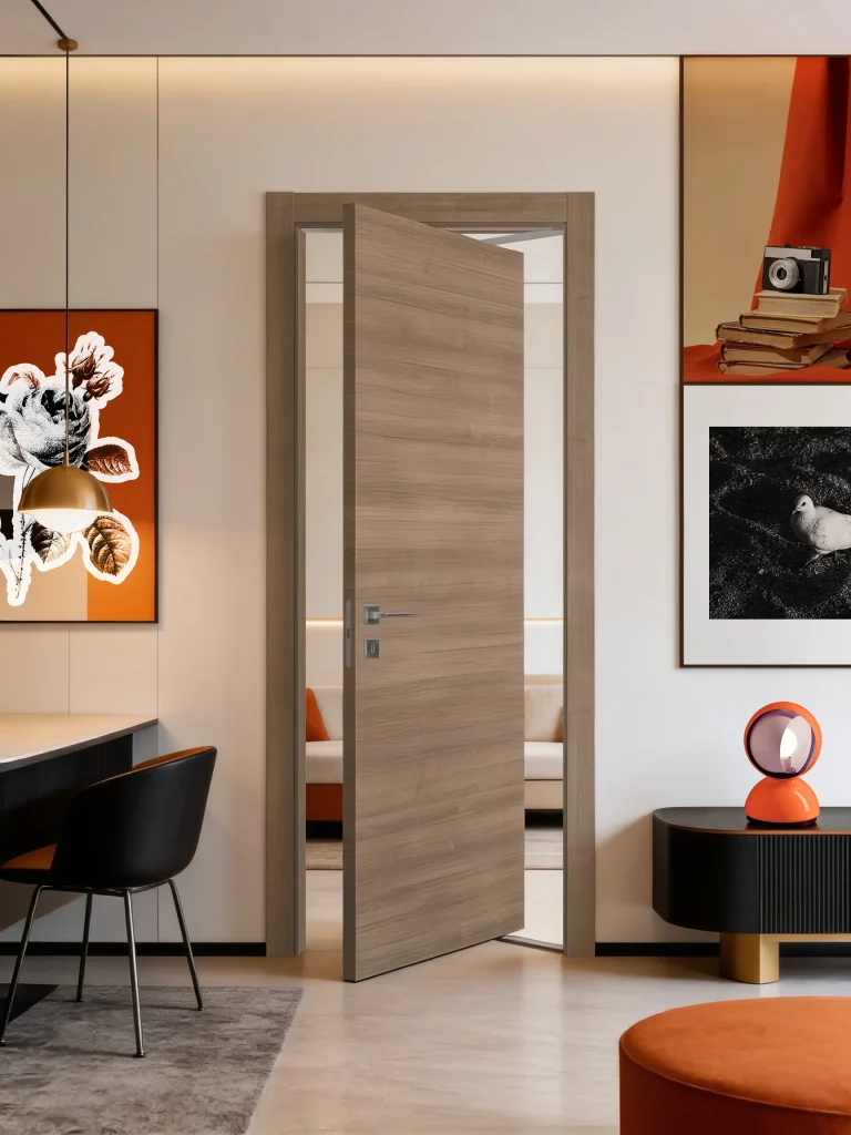 Porta della collezione design, inserita all'interno di una casa di design sui toni dell'arancio, nero e beige, divide la sala da pranzo dal soggiorno