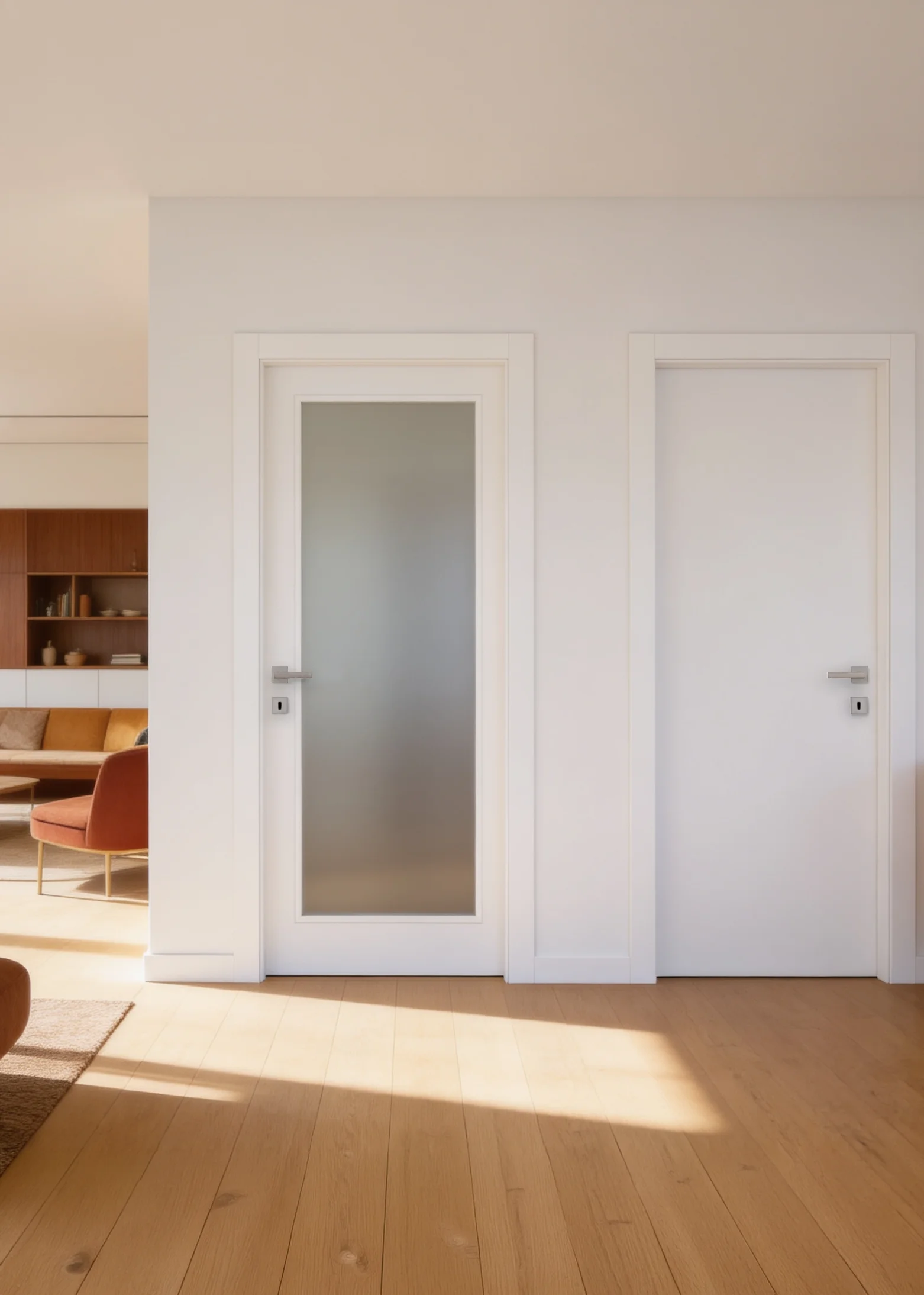 (A sinistra) Collezione: Design, Modello: 71FL, Finitura: Bianco + Vetro satinato, Maniglia: Elios Cromo satinato. (A destra) Collezione: Design, Modello: 70, Finitura: Bianco, Maniglia: Elios Cromo satinato