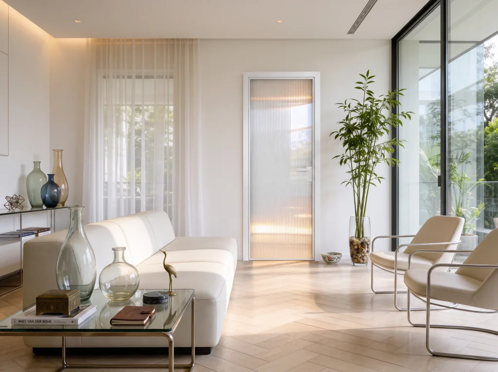 Porta battente collezione Flat in vetro cannettato, ambiente moderno dai toni bianchi