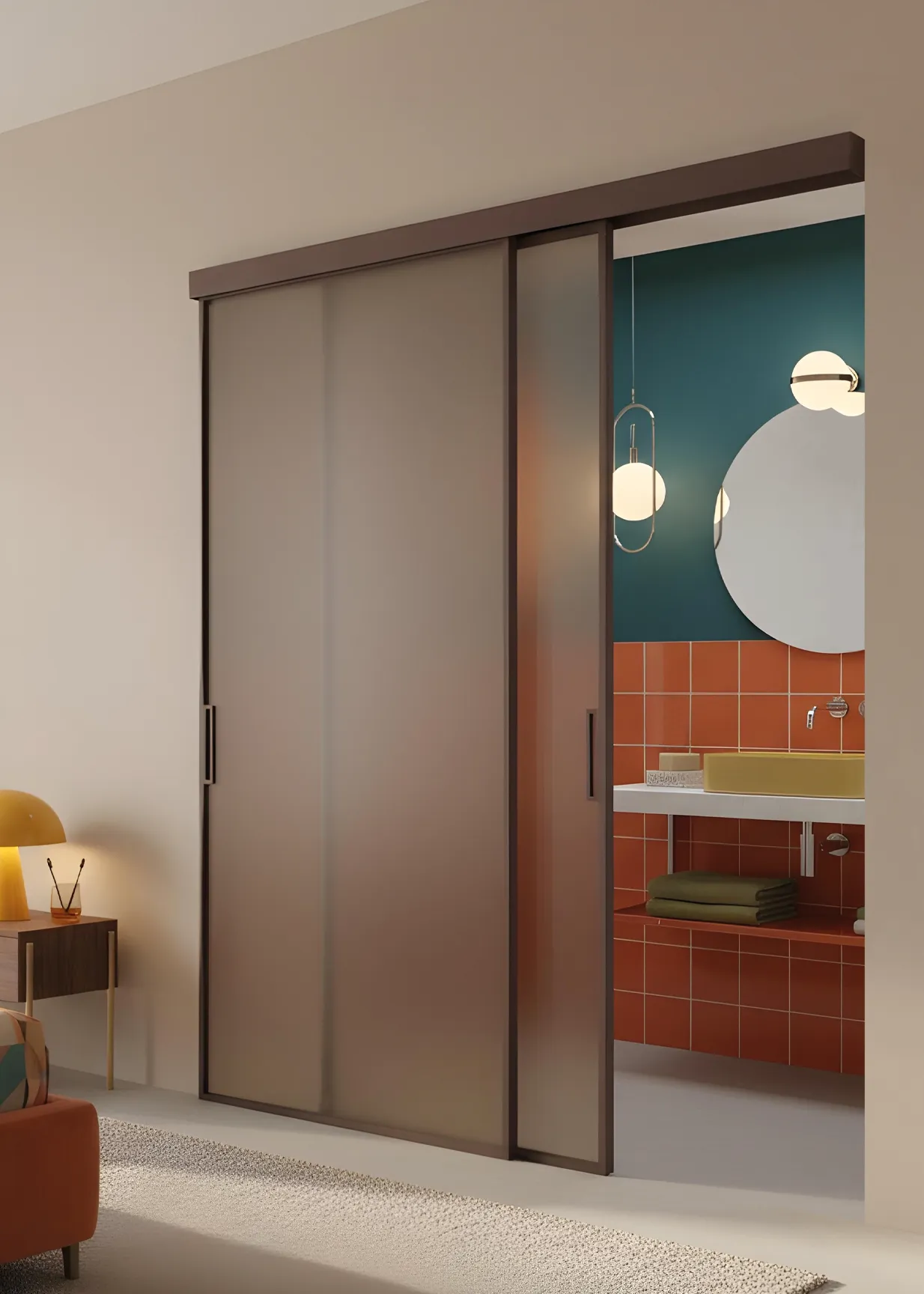 Porta scorrevole esterno muro collezione Flat, con binario a parete e vetro acidato bronzo, divide la camera da letto dal bagno interno in una camera dai colori sgargianti.