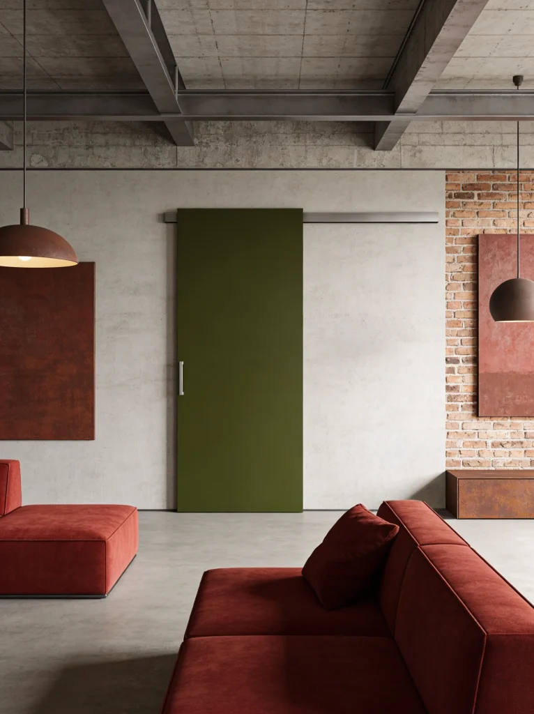 Porta Phantos, scorrevole esterno muro Diva Fluid con anta laccata, ambientata in un living stile industry